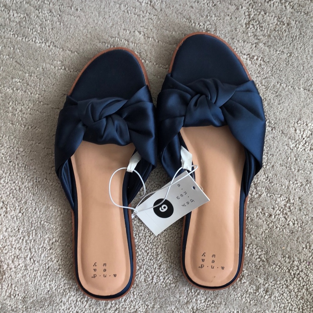 Navy satin bow sandals